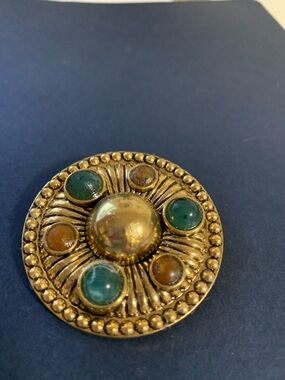 Vintage Gold-Tone Round Brooch with Green and Amber Cabochons
